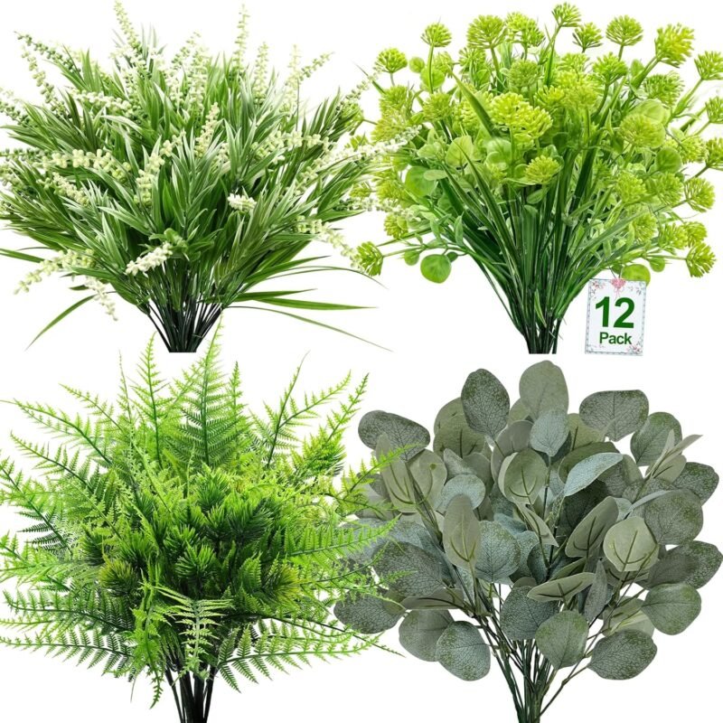 12 Bundles Fake Plants Artificial Plants Outdoor UV Resistant Faux Boston Fern Lavender Eucalyptus Greenery Shrubs Plastic Flowers for Outside Gardens Porch Yards Planter Home Spring Summer Decor