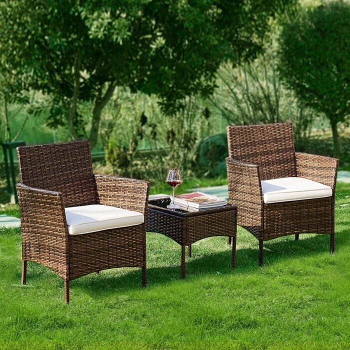 DUMOS Patio Furniture Set 3 Pieces, Outdoor Wicker Furniture with Coffee Table, Modern Rattan Patio Chairs Conversation Sets with Sofa for Garden, Terrace, Porch, Balconies, Lawns(Brown and Beige) - Image 6