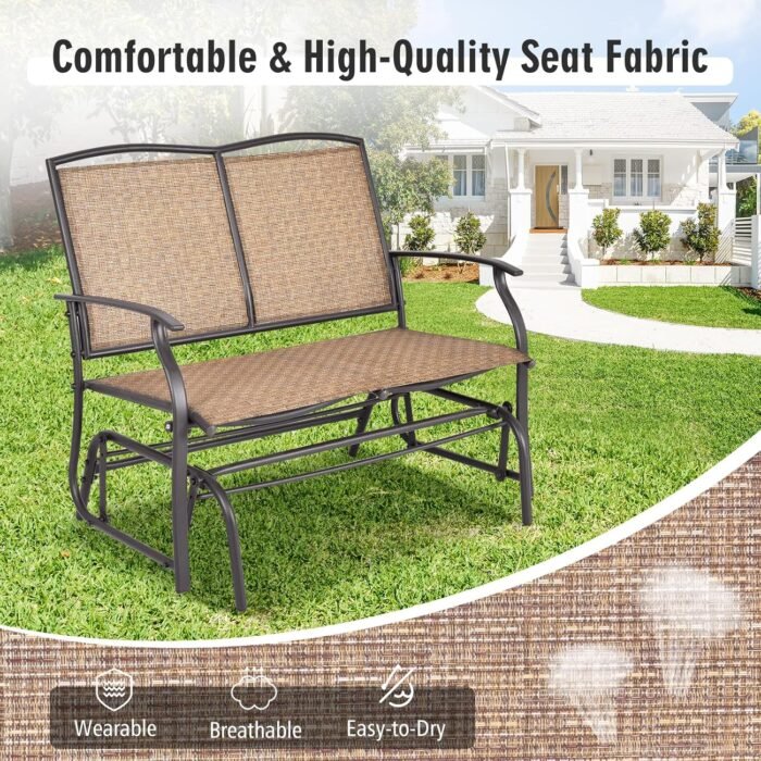 Tangkula 2-Person Patio Glider Bench, Outdoor Rocker Glider Loveseat Chair W/Heavy-Duty Steel Frame, Breathable Seat Fabric, Rocking Lounge Chair for Poolside, Garden, Backyard (Brown) - Image 7