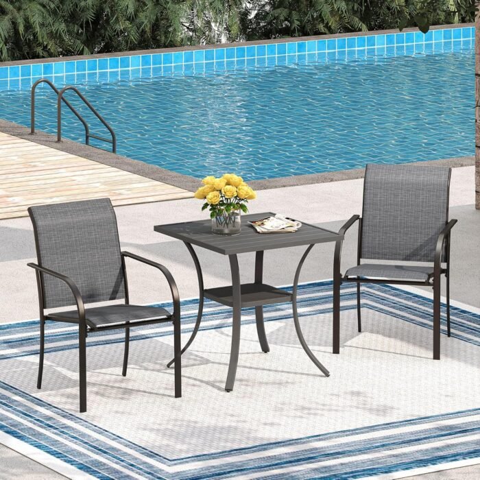 VICLLAX 3 Pieces Small Patio Dining Set, Patio Furniture Set of 2 Outdoor Stackable Dining Chairs and Small Patio Table with Storage Shelf, Grey Chairs and Grey Table