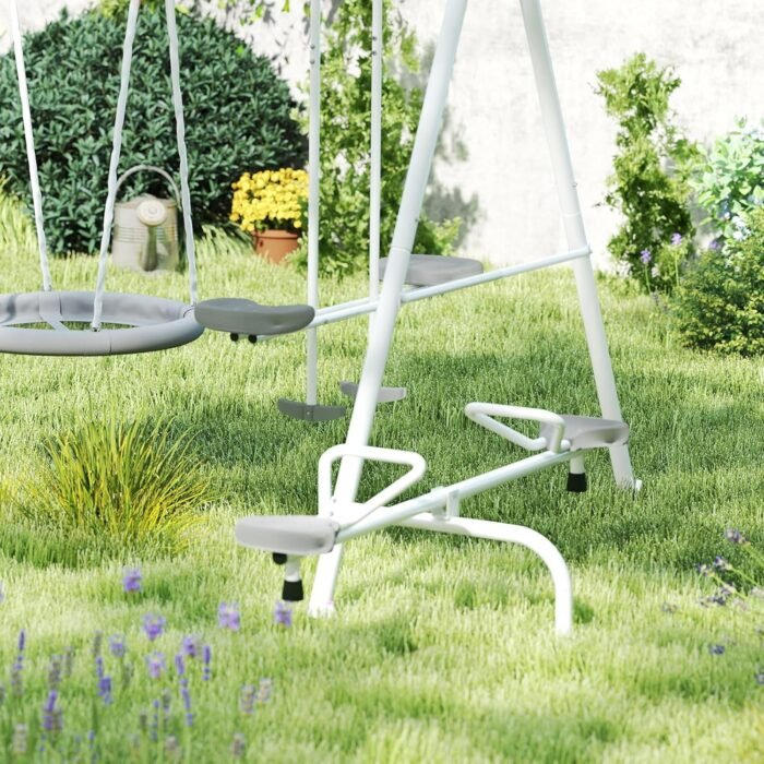 Outsunny Swing Set for Backyard, 5 in 1 Heavy-Duty A-Frame Stand Outdoor Playset for Kids with 29.5" Saucer Swing, Slide, Seesaw, Glider, Swing Seat, Gray - Image 8