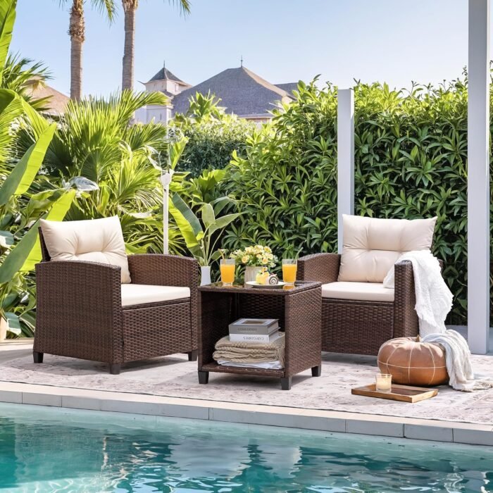 Devoko 3 Pieces Patio Furniture Set, PE Rattan Wicker Patio Set with Two Outdoor Chairs and Table, Upgraded Patio Chairs and Table for Porch, Garden Poolside Balcony - Image 6