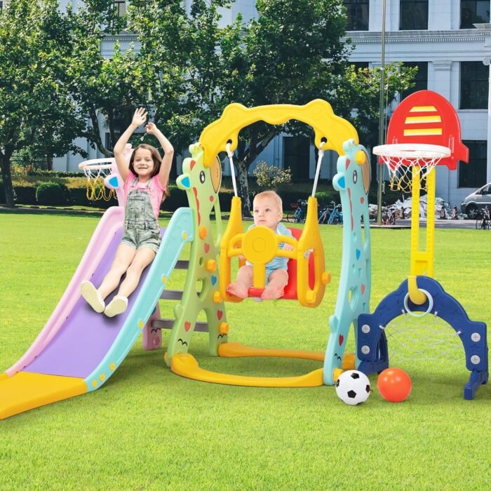 6 in 1 Toddlers Slide and Swing Playset for Children Age 3-12, Freestanding Kids Slide Climber Playset Indoor Outdoor Playground with Basketball Hoop and Football Gate - Image 2