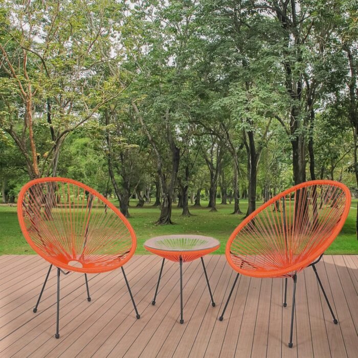Magshion Outdoor Acapulco Chair Set 3-Piece with Glass Top Table, Lightweight All-Weather Woven PE Rope Patio Furniture, Modern Bistro Conversation Set for Patio, Garden, Poolside, Orange - Image 4