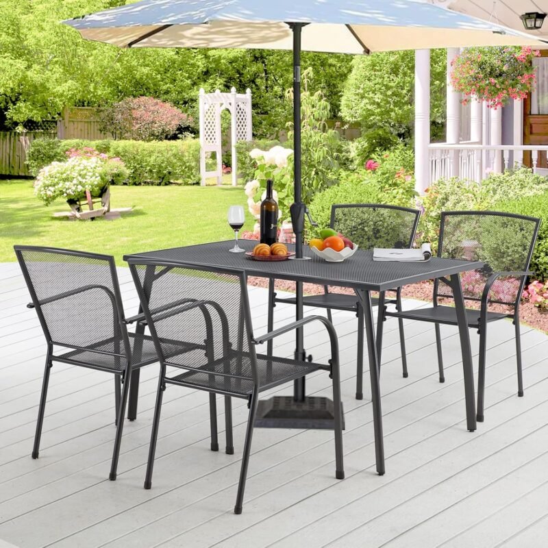 AECOJOY Metal Outdoor Table and Chairs Sets, Patio Dining Table Set for 4, 51" Dining Table with Umbrella Hole Rectangle Table and 4 Stackable Chairs, Patio Furniture Set for Outdoors