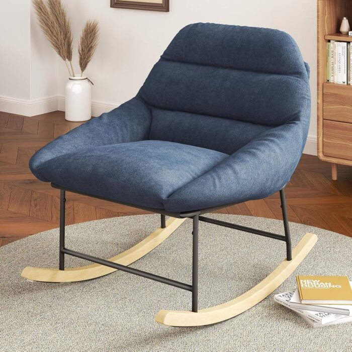 Vesgantti Outdoor Rocking Chair, Sherpa Fleece Upholstered Rocker Chair with Deep Seat, Rocking Accent Chair for Bedroom, Living Room, Porch, Garden, Blue-Gray