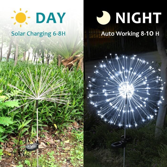Solar Firework Lights, 2 Pack 120 LEDs 2 Lighting Modes Outdoor Waterproof for Garden Patio Walkway Pathway Party Wedding Christmas Decorative - Cool White - Image 4