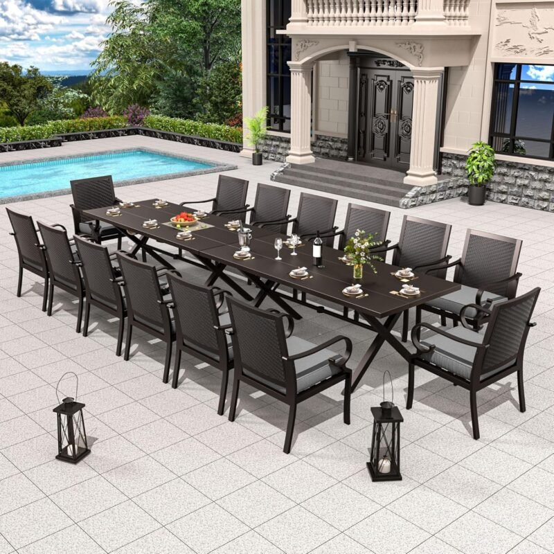 16-Piece Patio Dining Set Outdoor Conversation Set,Metal Outdoor Furniture Set with 2 Umbrella Hole Cut-Out 78.7" x 35.4" Tables and 14 Rattan Backrest Chairs for Backyard,Garden,Grey