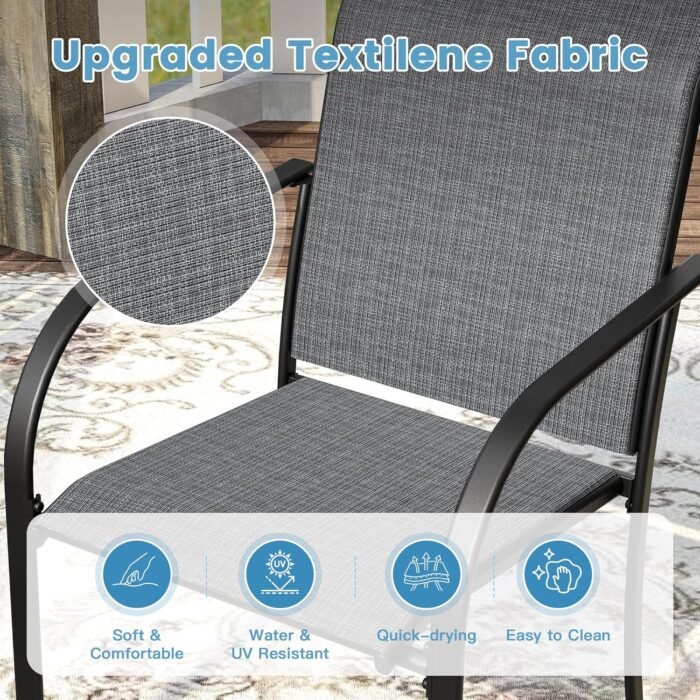 DIFY 5 Pieces Outdoor Dining Table Chair Set, Patio Dining Set with 1 Black Square Curved Legs Table with and Umbrella Hole & 4 Grey Stackable with Armrests Chairs for Lawn, Garden, Porch - Image 3