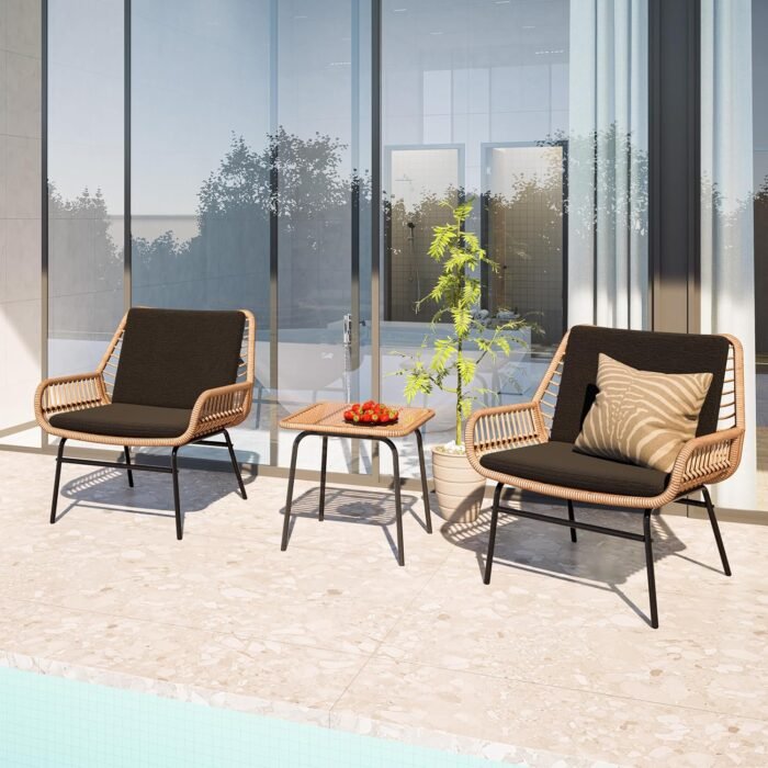 3 Piece Outdoor Patio Furniture Set, Rattan Conversation Sets, All-Weather Wicker Chairs with Cushions and Coffee Table, for Garden Balcony Courtyard Poolside - Image 2