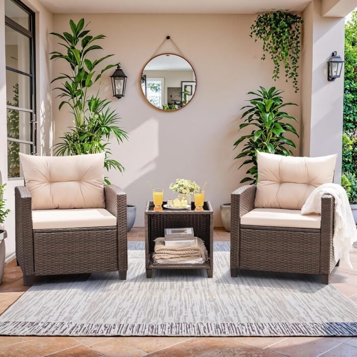 Devoko 3 Pieces Patio Furniture Set, PE Rattan Wicker Patio Set with Two Outdoor Chairs and Table, Upgraded Patio Chairs and Table for Porch, Garden Poolside Balcony - Image 2