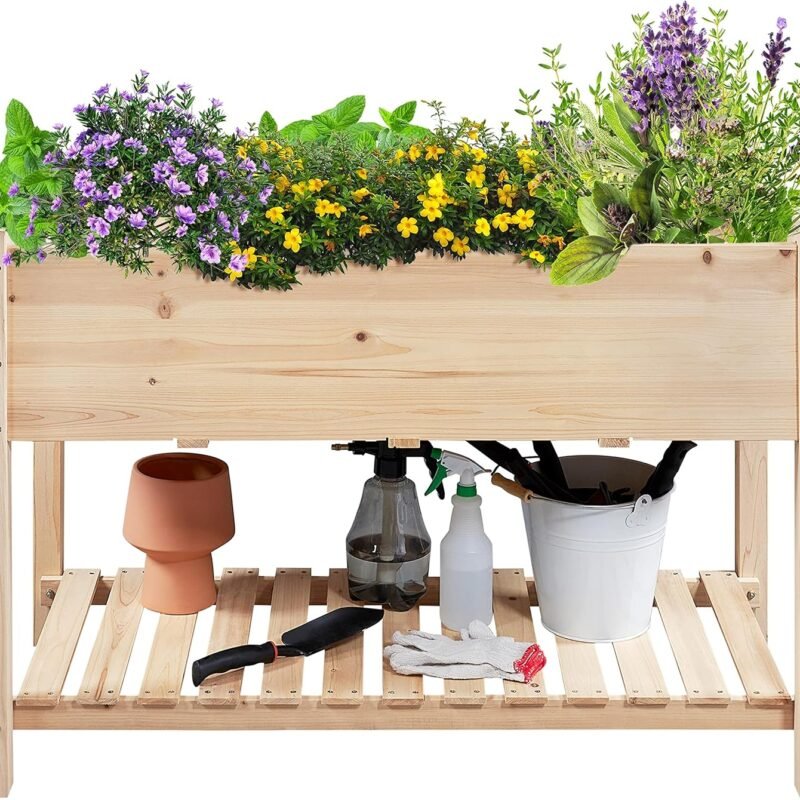 Yaheetech 47x23x32in Wooden Raised Garden Bed with Legs & Storage Shelf Horticulture Wooden Elevated Planter Box Vegetable Growing Bed for Flower/Herb/Backyard/Patio
