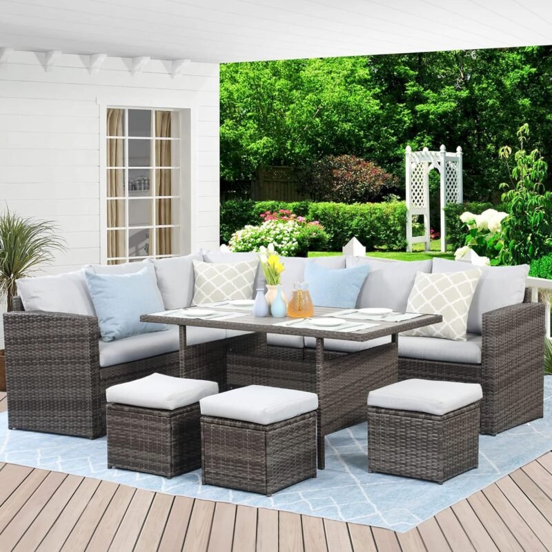 Wisteria Lane Outdoor Patio Furniture Set, 7 Piece Wicker Rattan Outdoor Dining Set with Dining Table and Ottomans, Patio Table and Chairs Set, Outdoor Sectional, Grey