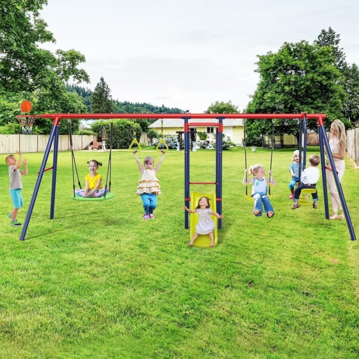 OLAKIDS Swing Sets for Backyard, 7 in 1 Outdoor 660LBS A-Frame Heavy Duty Metal Swing Stand with Monkey Bar for Kids, Playground Playset with Slide, 2 Swings, Glider, Trapeze Rings, Basketball Hoop - Image 2