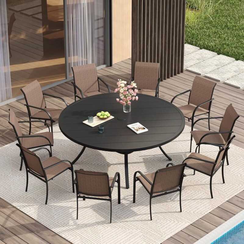 VICLLAX 11 Pieces Patio Dining Set for 10, Outdoor Furniture Set Includes 63" Round Patio Table and 10 Patio Sling Chairs, Patio Table and Chairs for Outsides, Black Table and Brown Chairs