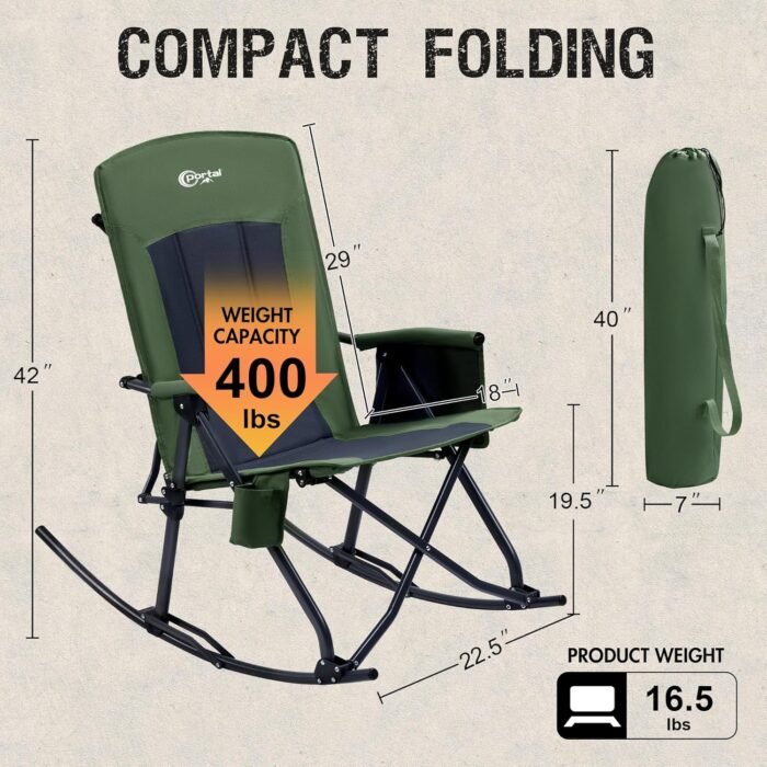 PORTAL Oversized Folding Rocking Camping Chair High Back Outdoor Rocker Portable for Outside Lawn Patio Travel Garden, Supports 400 lbs, Padded Back, Green Grey - Image 3