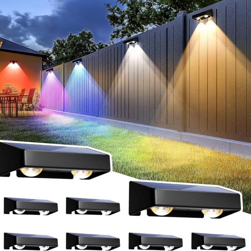 SOLPEX Solar Fence Lights Outdoor, 9 Fixed Colors ＆ Color Changing Fence Solar Lights Outdoor Waterproof IP65, LED Solar Deck Lighting for Backyard Wall Step Patio Railing Pool Porch (8 Pack)