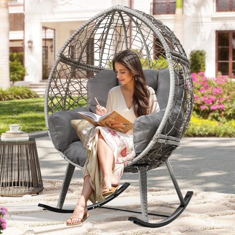 YITAHOME Wicker Rocking Egg Chair with Cushioned Comfort, Patio Rocker 250lb Capacity, Anti-Slip, All-Weather Resilient Rattan Design for Indoor & Outdoor Relaxation Spaces, Grey