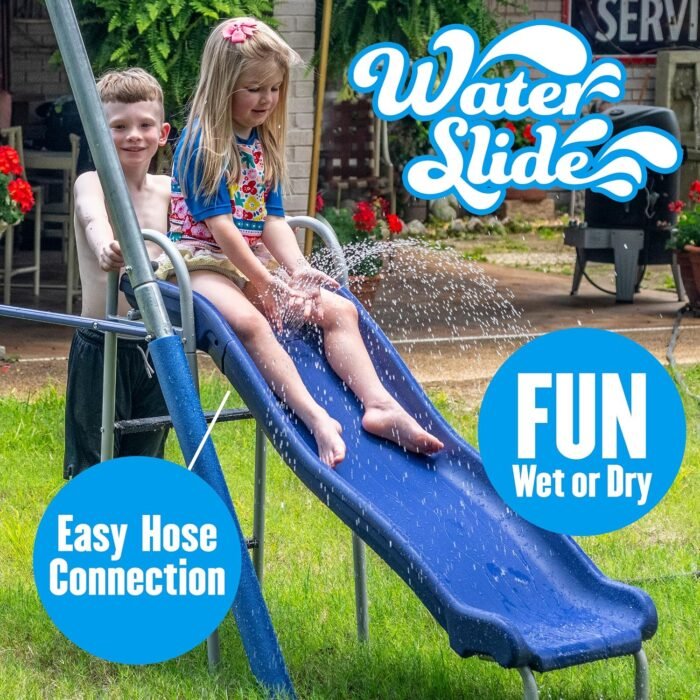 Firefly Water Park - 5 User / 4 Station Metal Backyard Swing Set with 5' Water Slide, LED Swings and Ground Tarp, 148" x 93" x 74", by XDP Recreation - Image 3