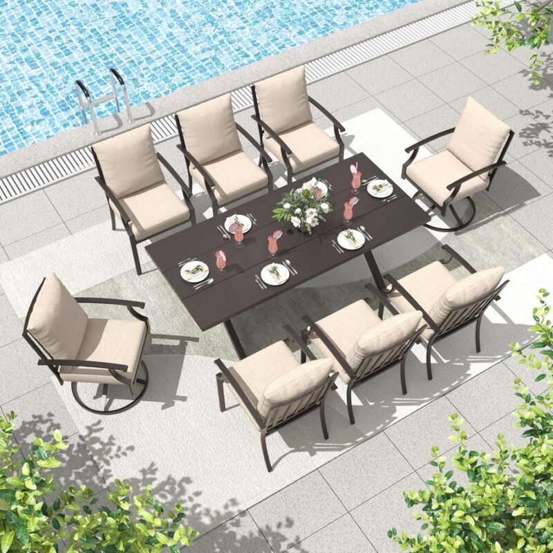 ALAULM 9-Piece Patio Dining Table and Chairs for 8 Outdoor Dining Set with 2 Swivel Chairs Patio Dining Sets with Rectangular Metal Table with Umbrella Hole for Patio, Backyard, Garden-Sand