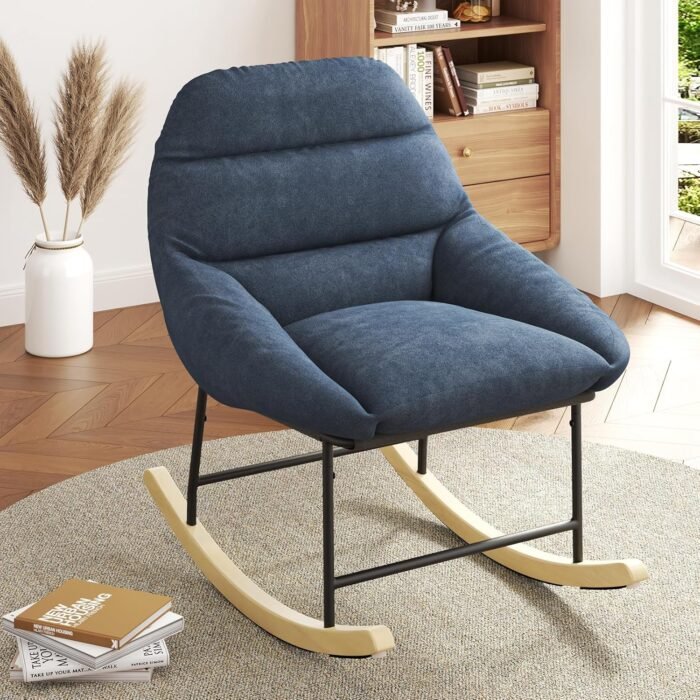 Vesgantti Outdoor Rocking Chair, Sherpa Fleece Upholstered Rocker Chair with Deep Seat, Rocking Accent Chair for Bedroom, Living Room, Porch, Garden, Blue-Gray - Image 7