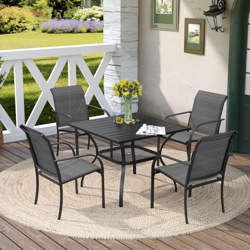DIFY 5 Pieces Outdoor Dining Table Chair Set, Patio Dining Set with 1 Black Square Curved Legs Table with and Umbrella Hole & 4 Grey Stackable with Armrests Chairs for Lawn, Garden, Porch