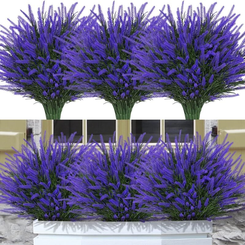 12 Bundles Fake Outdoor Flowers UV Resistant Plants Artificial Lavender Faux Plastic Shrubs Window Box Garden Porch Home Decor(Purple)