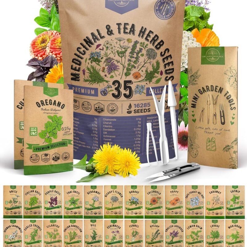 35 Medicinal & Tea Herb Seeds Variety Pack for Indoor & Outdoors. 16,335+ Non-GMO Heirloom Garden Seeds: Anise, Bergamot, Borage, Cilantro, Chamomile, Dandelion, Rosemary Seeds & More
