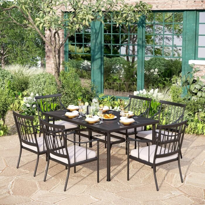 PHI VILLA Outdoor Metal Steel Dining Chairs with Cushion, Black Heavy-Duty Weatherproof Armchairs for Patio, Deck, Yard - Set of 6 - Image 7