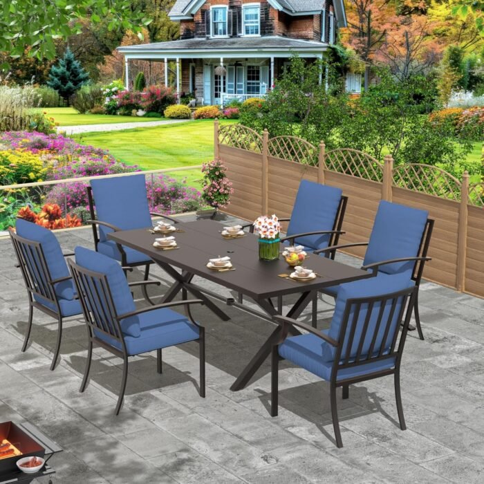 7-Piece Patio Dining Set Outdoor Conversation Set,Metal Outdoor Furniture Set with Umbrella Hole Cut-Out 78.7" x 35.4" Table and 6 Metal Backrest Chairs for Backyard,Garden,NavyBlue - Image 6