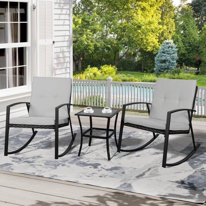 Shintenchi Outdoor 3 Piece Rocking Bistro Set, Wicker Patio Outdoor Furniture Porch Chairs Conversation Sets with Glass-Top Coffee Table for Backyard Porch Poolside Lawn, Garden,Gray - Image 7