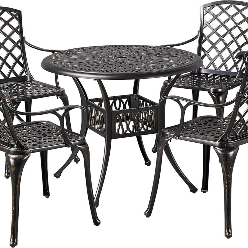 Yaheetech 5-Piece Outdoor Furniture Dining Set, All-Weather Cast Aluminum Conversation Set for Yard Garden Deck, Includes 4 Chairs and 1 Round Table with Umbrella Hole