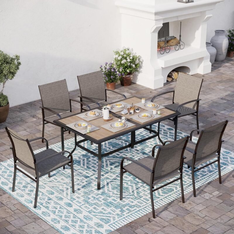 7 Pcs Patio Dining Set for 6, Rectangular Metal Dining Table (PVC Table Top) with Umbrella Hole and 6 Chairs, Outdoor Dining Set for Lawn Garden Deck, Brown