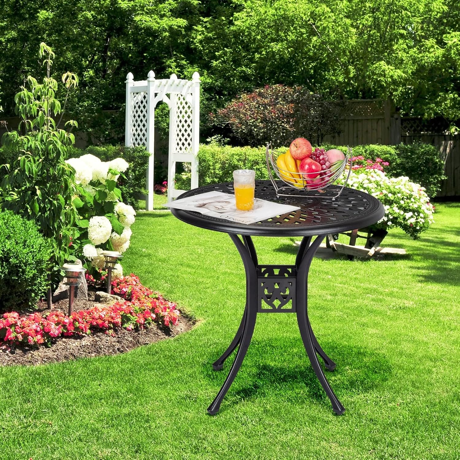 30.25 Inch Patio Bistro Table with Adjustable Feet, Round Outdoor Coffee Table with Umbrella Hole, Outdoor Side Table for Porch, Backyard, Garden, Classic Black - Image 3