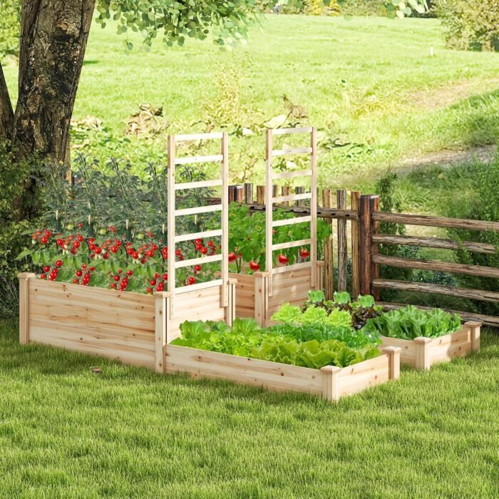Giantex Raised Garden Bed with Trellis, Set of 2 Wood Shallow & Deep Planter Box for Climbing Plants Cucumber Vegetables Flowers Herbs Fruits, Easy Assembly, Outdoor Rectangular Floor Gardening Beds - Image 3