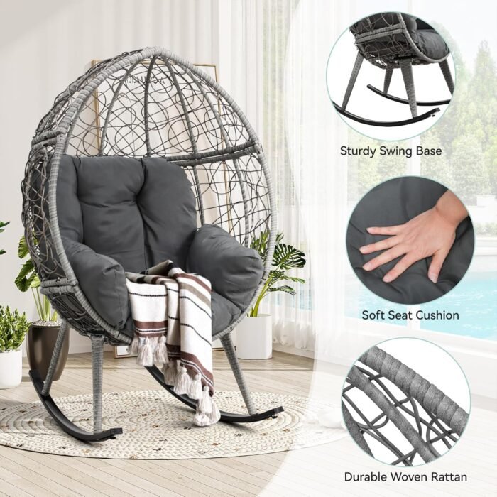 YITAHOME Wicker Rocking Egg Chair with Cushioned Comfort, Patio Rocker 250lb Capacity, Anti-Slip, All-Weather Resilient Rattan Design for Indoor & Outdoor Relaxation Spaces, Grey - Image 8
