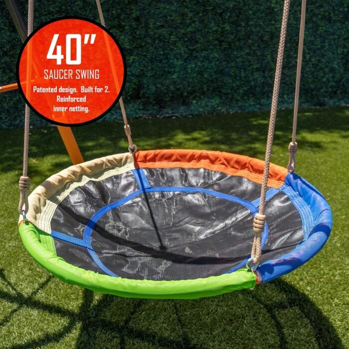 Jungle Warrior Anaconda Metal Swing Set with 45" Saucer Swing, 2 Sling Swings, Rock Climbing Wall and 5ft Slide with Slide - Image 4