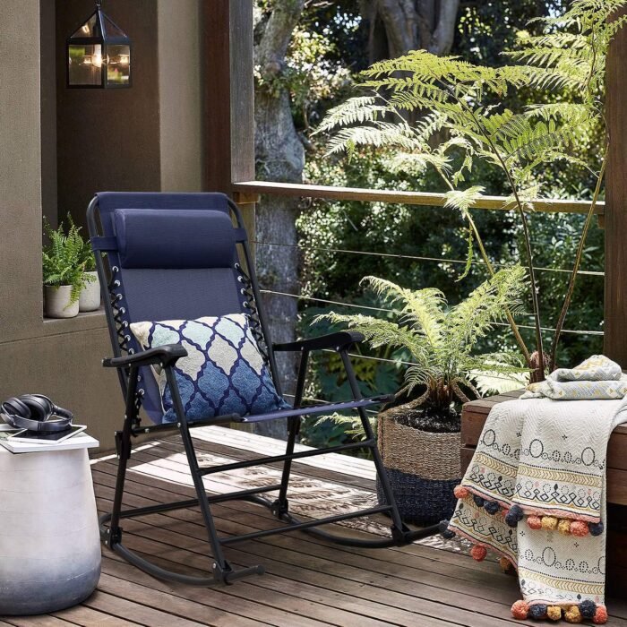 Devoko Patio Rocking Zero Gravity Chair Outdoor Wide Recliner Chair for Lawn Beach Camping Poolside with Headrest Pillow (Light Blue) - Image 2