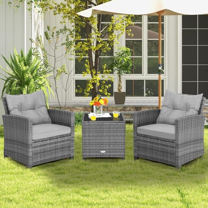 Tangkula 3 Pieces Patio Furniture Set, Outdoor PE Rattan Conversation Chair Set with Tempered Glass Side Table and Removable Cushions, PE Wicker Chairs and Table Set for Porch, Balcony and Garden - Image 2