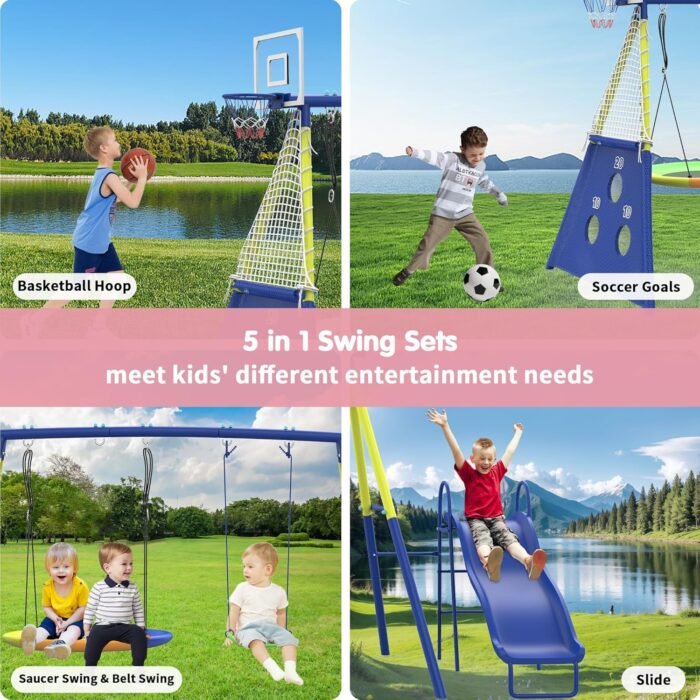 Swing Sets for Backyard, Heavy-Duty Swing and Slide Set, 440lbs 5 in 1 Outdoor Swing Set with Slide, Saucer Swing, Swing Seat, Soccer Goals and Basketball Hoop, Outdoor Playset Suitable for Kids - Image 3