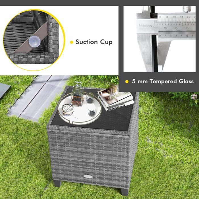 Tangkula 3 Pieces Patio Furniture Set, Outdoor PE Rattan Conversation Chair Set with Tempered Glass Side Table and Removable Cushions, PE Wicker Chairs and Table Set for Porch, Balcony and Garden - Image 7