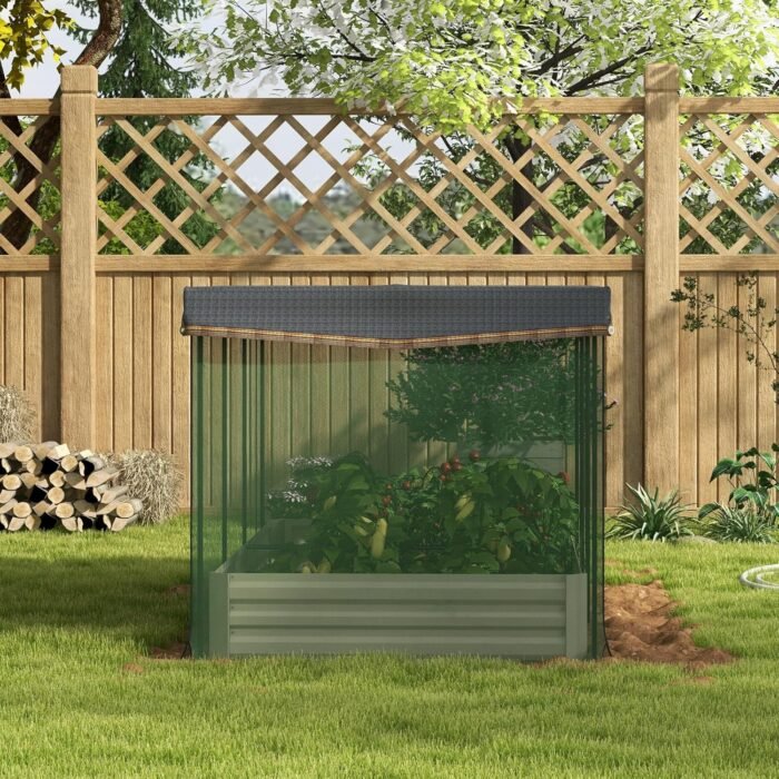 Outsunny 7.3 x 3.4 x 1 ft Galvanized Raised Garden Bed with Crop Cage Plant Protection Net and Shade Cloth Roof, Metal Planter Box with Cover for Vegetables, Flowers, Herbs, Beige - Image 9
