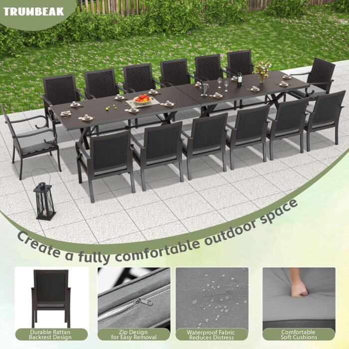 16-Piece Patio Dining Set Outdoor Conversation Set,Metal Outdoor Furniture Set with 2 Umbrella Hole Cut-Out 78.7" x 35.4" Tables and 14 Rattan Backrest Chairs for Backyard,Garden,Grey - Image 2