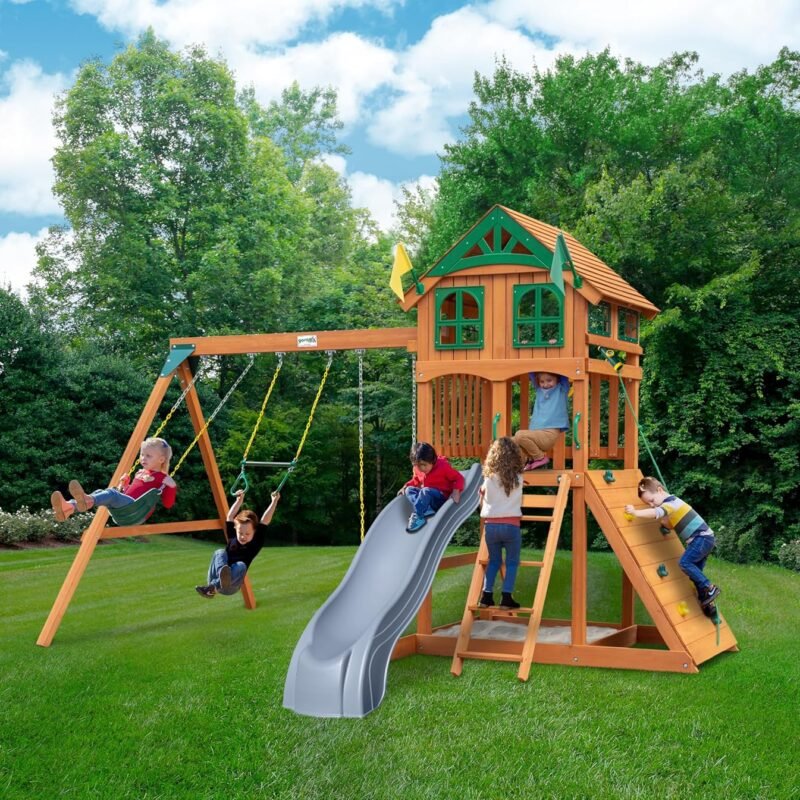 Gorilla Playsets 01-1063-GREY Outing Wood Swing Set with Wood Roof, Climbing Wall, Swings, and Grey Slide, Amber