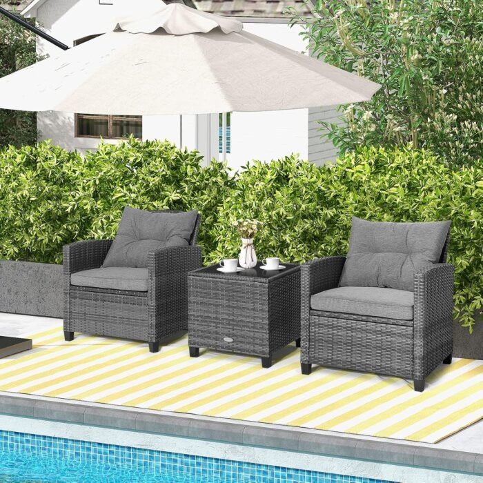 Tangkula 3 Pieces Patio Furniture Set, Outdoor PE Rattan Conversation Chair Set with Tempered Glass Side Table and Removable Cushions, PE Wicker Chairs and Table Set for Porch, Balcony and Garden - Image 4