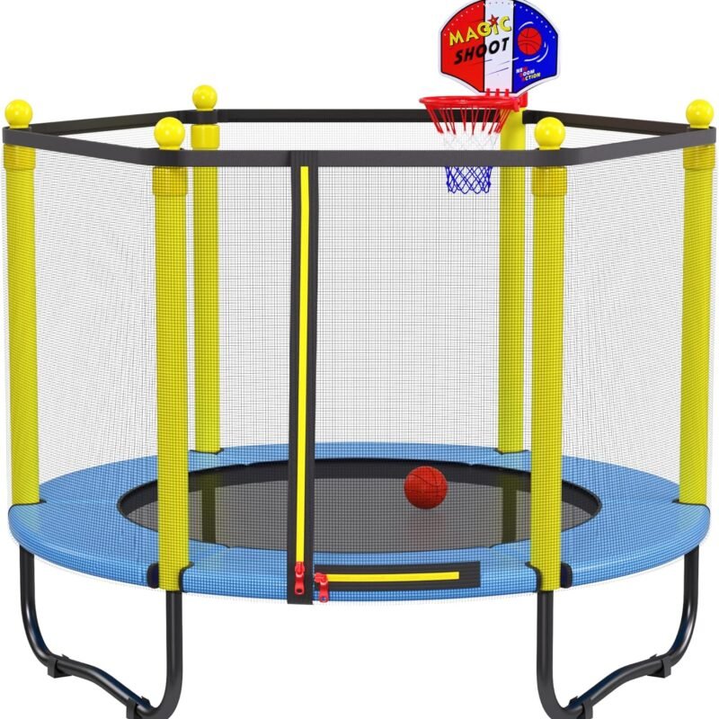 Kids Trampoline with Safety Enclosure Net - 5FT Trampoline with Basketball Hoop for Toddlers Indoor and Outdoor, Recreational Trampolines Birthday Xmas Gifts for Boy and Girl