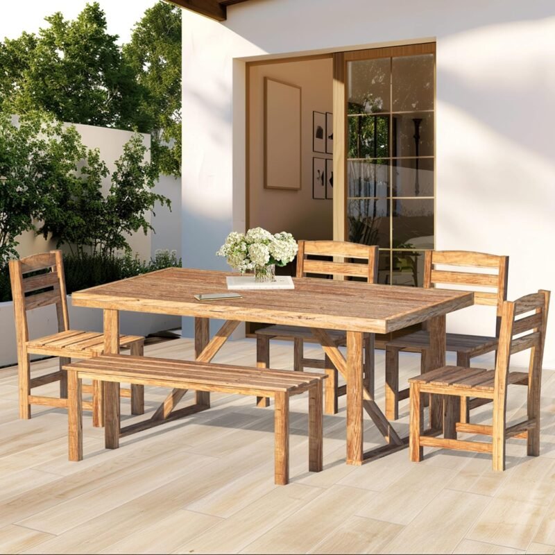 7 Pieces Patio Dining Set for 6, Acacia Wood Outdoor Dining Table and Chairs, All Weather Patio Furniture Set with Bench for Yard Garden Lawn Porch & Poolside
