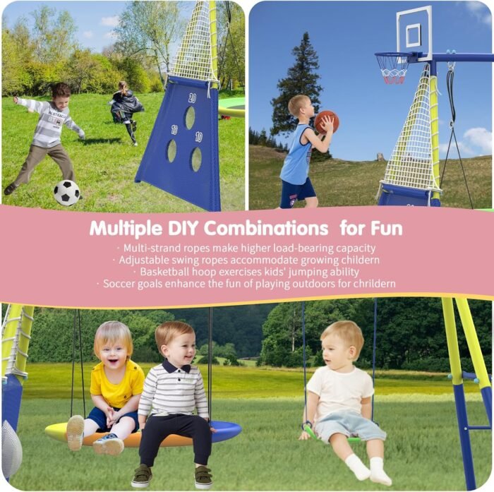 Swing Sets for Backyard, Heavy-Duty Swing and Slide Set, 440lbs 5 in 1 Outdoor Swing Set with Slide, Saucer Swing, Swing Seat, Soccer Goals and Basketball Hoop, Outdoor Playset Suitable for Kids - Image 6