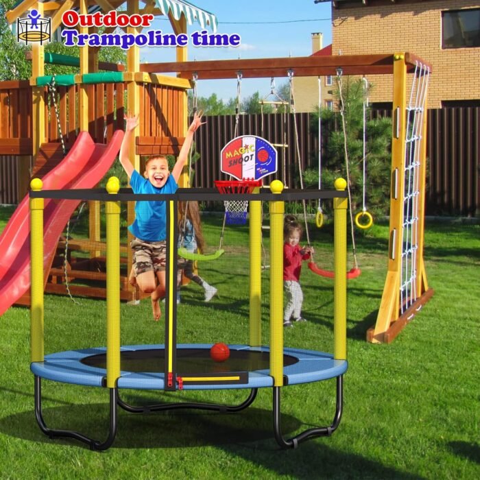 Kids Trampoline with Safety Enclosure Net - 5FT Trampoline with Basketball Hoop for Toddlers Indoor and Outdoor, Recreational Trampolines Birthday Xmas Gifts for Boy and Girl - Image 7