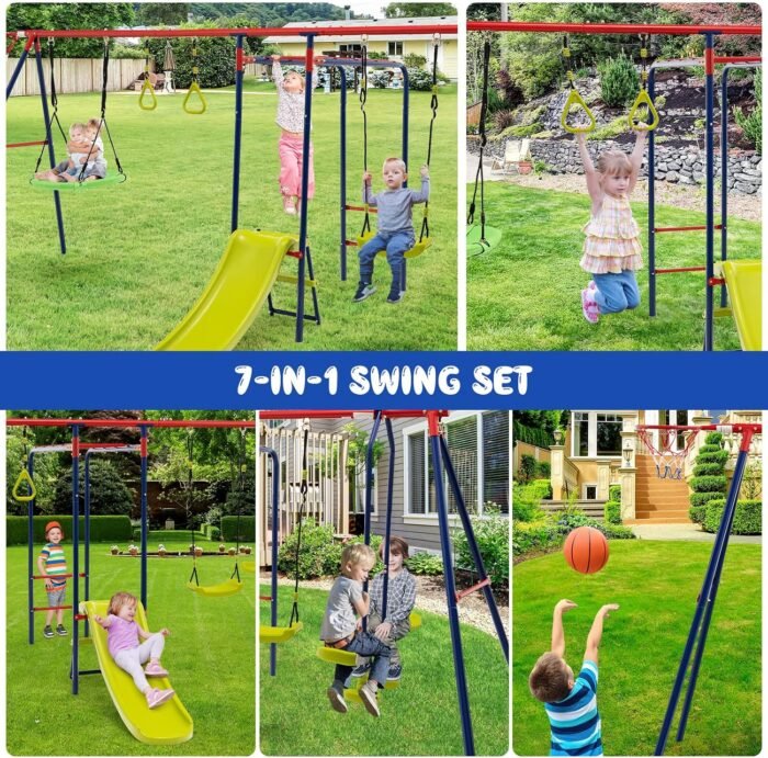 OLAKIDS Swing Sets for Backyard, 7 in 1 Outdoor 660LBS A-Frame Heavy Duty Metal Swing Stand with Monkey Bar for Kids, Playground Playset with Slide, 2 Swings, Glider, Trapeze Rings, Basketball Hoop - Image 3
